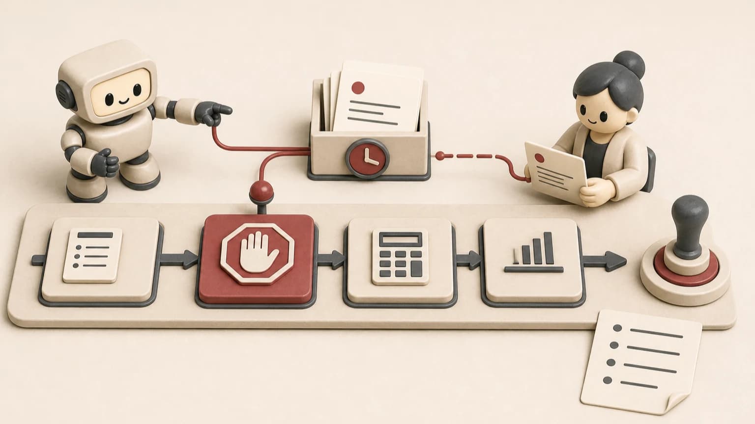 An advisor robot gathers evidence along a month-end dependency chain while a late document becomes a visible exception for the accountant who owns final sign-off.