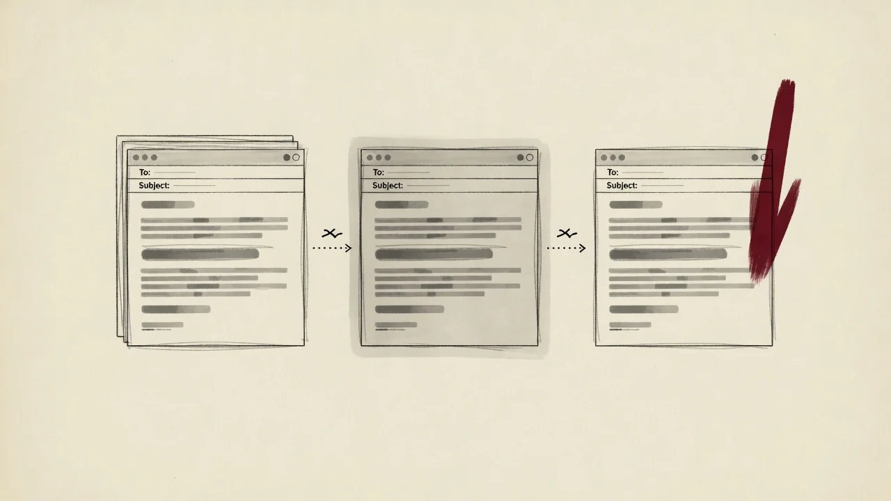 The same email compose window three times, then a stop, with the last chase handed to a named owner.