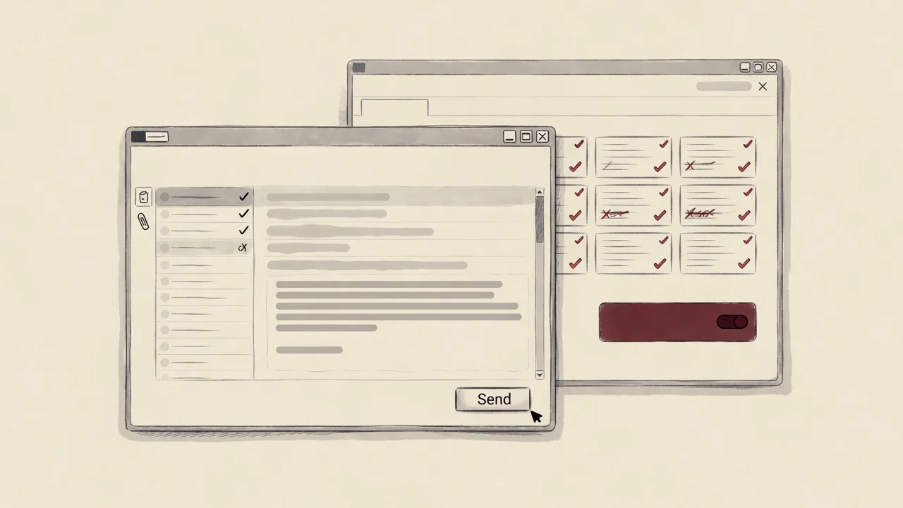 Work still happening in email in front, while a native oxblood control in software they already own is turned on.
